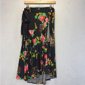 Cabi Maxi Wrap Skirt Womens Medium Black Dark Floral High Low Slinky Stretch